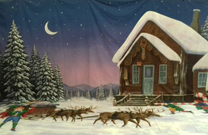 BACKDROP - CHRISTMAS HOUSE WITH REINDEER & ELVES H5m x W6.3m