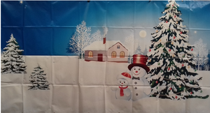 BACKDROP - SNOW SCENE WITH HOUSES and snow man (PVC) H2m x W4m